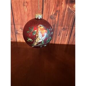 Robin Christmas Ornament Red Glass Bird Holly Berries Gisela Graham London